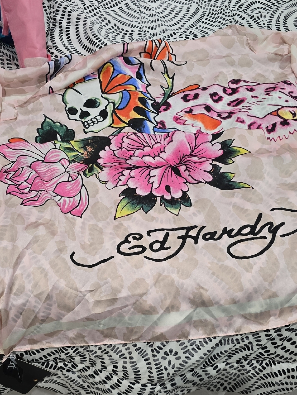 Ed Hardy Pink Floral Skull Print Scarf
